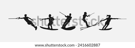 Water ski vector set silhouettes. Isolated on white background, Water sport, summer. Vector illustration.