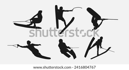 Water ski vector set silhouettes. Isolated on white background, Water sport, summer. Vector illustration.