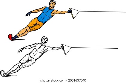 Water Skier Attached To A Towing Rope. Hand Drawn Vector Illustration.