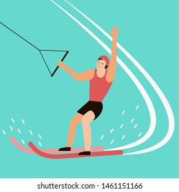 Water Skier Have Fun On The Sea. Water Sport Vector Illustration