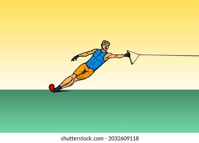 A Water Skier Pulled By A Tow Rope For Concept Of Summer Activity. Hand Drawn Vector Illustration.