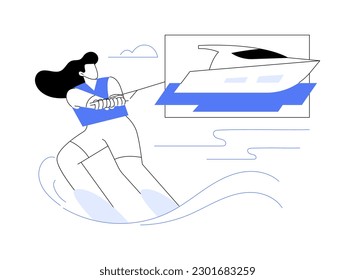 Water skiing abstract concept vector illustration. Woman in water ski suit, sea transport, sailing sport, extreme hobby, maritime adventure, summer active lifestyle abstract metaphor.