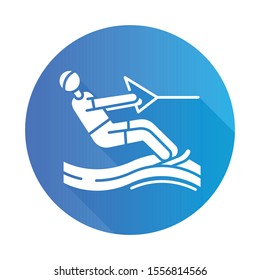 Water skiing blue flat design long shadow glyph icon.Surface watersport. Summer leisure and dangerous hobby. Extreme kind of sport. Man wakeboarding. Vector silhouette illustration