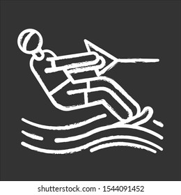 Water skiing chalk icon. Surface watersport. Summer leisure and dangerous hobby. Extreme kind of sport. Recreational outdoor activity. Man wakeboarding. Isolated vector chalkboard illustration