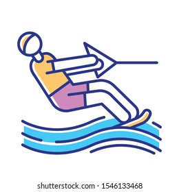 Water skiing color icon. Surface watersport. Summer leisure and dangerous hobby. Extreme kind of sport. Recreational outdoor activity. Man wakeboarding. Isolated vector illustration