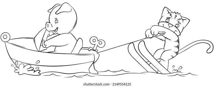 Water skiing. Element for coloring page. Cartoon style.