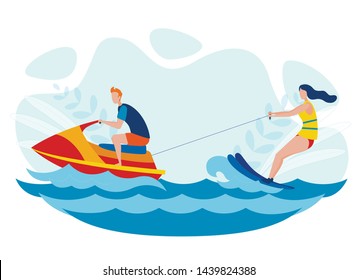 Water Skiing Entertainment Vector Illustration. Man Riding Jet Ski, Woman in Safety Jacket Waterskiing Cartoon Characters. Extreme Leisure Activity for Adventurous Tourists, Sea Resort Recreation