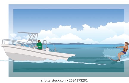 water skiing, female skier pulled behind by a speed boat over open water with a blue sky in the background
