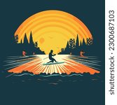 Water skiing graphic with a water skier person with the sunset in the background. extreme water sport activity on summertime vacation. cartoon vector illustration, label, sticker