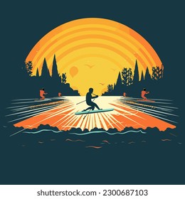 Water skiing graphic with a water skier person with the sunset in the background. extreme water sport activity on summertime vacation. cartoon vector illustration, label, sticker