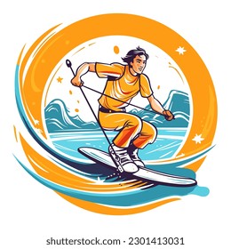 Water skiing graphic with a water skier person with a crest of water behind him. extreme water sport activity on summertime vacation. cartoon vector illustration, label, sticker