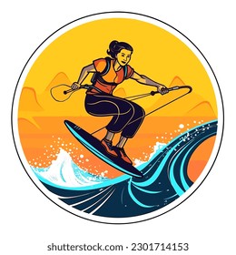 Water skiing graphic with a water skier person with a crest of water behind him. extreme water sport activity on summertime vacation. cartoon vector illustration, label, sticker