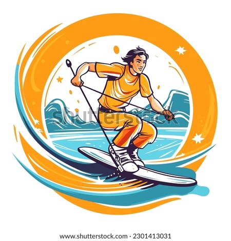 Water skiing graphic with a water skier person with a crest of water behind him. extreme water sport activity on summertime vacation. cartoon vector illustration, label, sticker