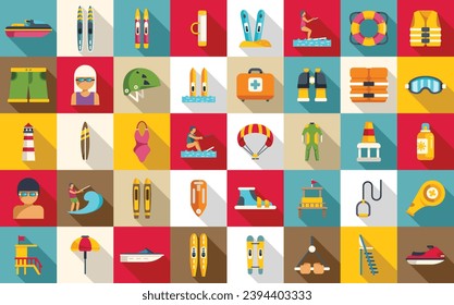 Water skiing icons set flat vector. Sport adventure. Board beach swim