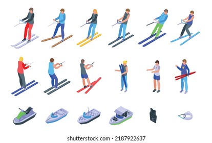 Water skiing icons set isometric vector. Sport adventure. Man ski