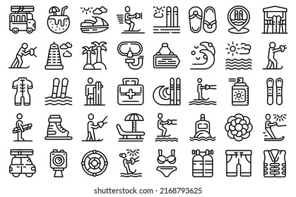 Water skiing icons set outline vector. Sport adventure. Water activity