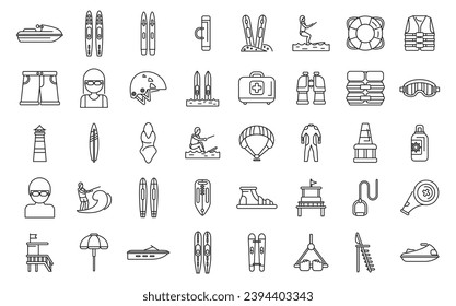 Water skiing icons set outline vector. Sport adventure. Board beach swim