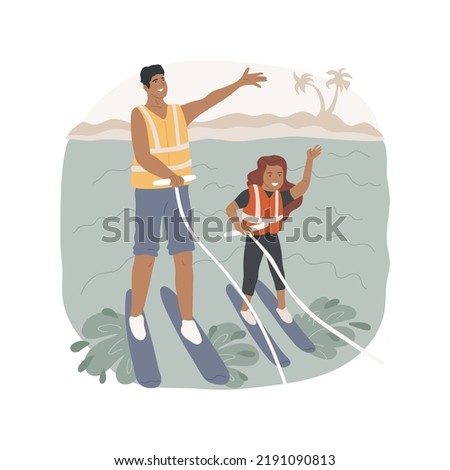 Water skiing isolated cartoon vector illustration. Dad and kid standing on waterski next to each other, holding rope, skiing at the water park, active family, watersport resort vector cartoon.