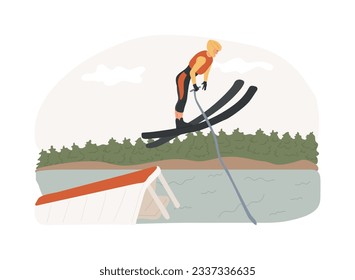 Water skiing isolated concept vector illustration. Water park, wakespot, boat cable, active lifestyle, ski jump, summer adventure, ocean wave, extreme sport, vacation fun vector concept.