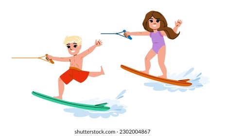 water skiing kid vector. ocean summer, boy activity, child sea, vacation sport, happy holiday water skiing kid character. people flat cartoon illustration