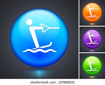 Water Skiing on Blue Round Button