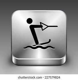 Water Skiing on Silver Square Button