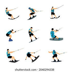 Water skiing vector illustration isolated on white background. Water ski sport. Summer time on beach. Ski acrobat on the sea. Lifeguard water patrol on duty. Kite surfer or parasailing. Kite boarding.