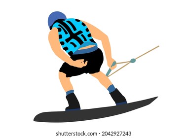 Water skiing vector illustration isolated on white background. Water ski sport. Summer time on beach. Ski acrobat on the sea. Lifeguard water patrol on duty. Kite surfer or parasailing. Kite boarding.