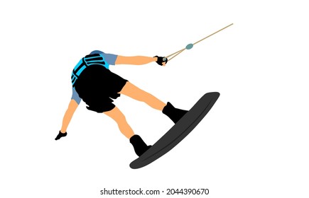 Water skiing vector illustration isolated on white background. Water ski sport. Summer time on beach. Ski acrobat on the sea. Lifeguard water patrol on duty. Kite surfer or parasailing. Kite boarding.