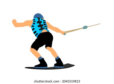 Water skiing vector illustration isolated on white background. Water ski sport. Summer time on beach. Ski acrobat on the sea. Lifeguard water patrol on duty. Kite surfer or parasailing. Kite boarding.