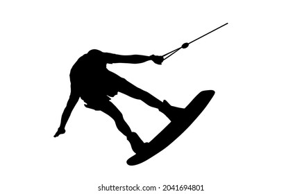 Water skiing vector silhouette illustration isolated on white. Water ski sport. Summer time on beach. Ski acrobat on the sea. Lifeguard water patrol on duty. Kite surfer or parasailing. Kite boarding.