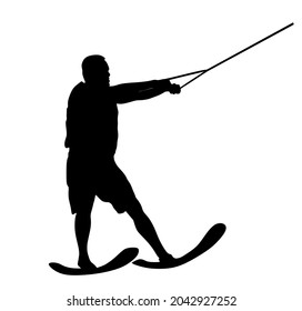 Water skiing vector silhouette illustration isolated on white. Water ski sport. Summer time on beach. Ski acrobat on the sea. Lifeguard water patrol on duty. Kite surfer or parasailing. Kite boarding.