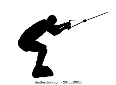 Water skiing vector silhouette illustration isolated on white. Water ski sport. Summer time on beach. Ski acrobat on the sea. Lifeguard water patrol on duty. Kite surfer or parasailing. Kite boarding.