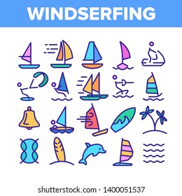 Water Skiing, Windsurfing Linear Vector Icons Set. Windsurfing Sport Thin Line Contour Symbols Pack. Extreme Summer Leisure Pictograms Collection. Wakeboarding, Paragliding Outline Illustrations