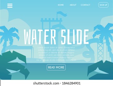 Water slide banner template for aqua park website - blue tropical background with amusement park attraction silhouettes, vector illustration.