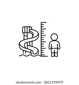 Water slide height requirement icon with child, measuring scale and spiral chute for water park safety and ride admission rules
