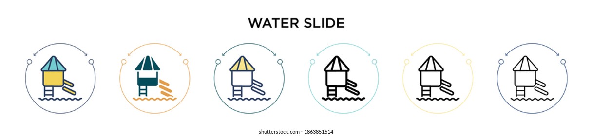 Water slide icon in filled, thin line, outline and stroke style. Vector illustration of two colored and black water slide vector icons designs can be used for mobile, ui, web