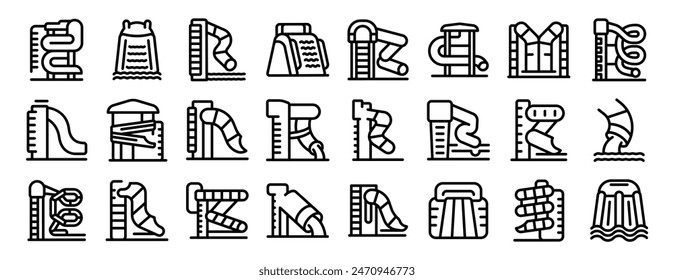 Wasserschiebersymbole Umriss Vektorgrafik festlegen. Eine Reihe von Schwarz-Weiß-Bilds von Rutschen und anderen Wasserspielgeräten. Die Bilder sind in einem Raster angeordnet, wobei jede Folie mit einem Buchstaben gekennzeichnet ist