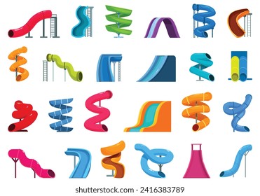 Water slide icons set cartoon vector. Ride spiral. Beach drive plastic