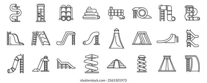 Water slide icons set. Line icons representing different playground equipment like slides, ramps, and climbing structures, perfect for illustrating children's outdoor activities