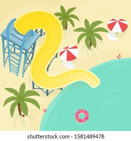 Water slide illustration. Stock vector. Water slide on the sea beach with palm trees and beach umbrellas. Top view.