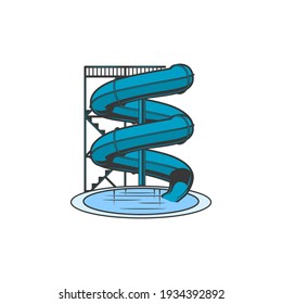 Water slide isolated waterpark wavy slider and pool icon. Vector tunnel slider with ladder or stairs, spiral pipe aquapark attraction. Flume or water chute recreational object use at water parks