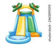 Water slide with round pool and cartoon palm trees on top. Inflatable waterslide with two chutes, summer fun activity in water park mascot, cartoon aquapark toy equipment vector illustration