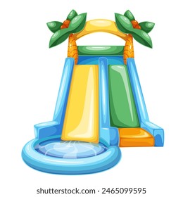 Water slide with round pool and cartoon palm trees on top. Inflatable waterslide with two chutes, summer fun activity in water park mascot, cartoon aquapark toy equipment vector illustration