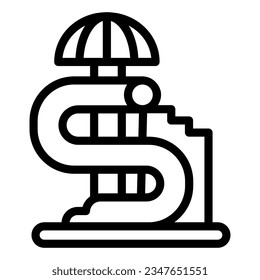 Water slide with stairs and umbrella line icon, waterpark concept, water attractions sign on white background, Big water slide icon in outline style mobile concept web design. Vector graphics.