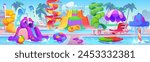 Water slide in summer aqua park swim pool cartoon background. Waterslide with playground and inflatable activity for child to play. Colorful resort pipeline and fountain environment panorama for game