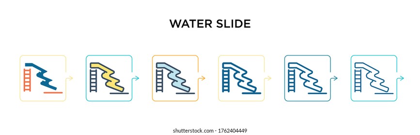 Icono de vector de deslizamiento de agua en 6 estilos modernos diferentes. Iconos de deslizamiento de agua negros, de dos colores, diseñados con un estilo relleno, contorno, línea y trazo. La ilustración vectorial se puede usar para web, móvil, ui