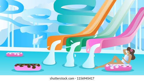 Water slide vector illustration. Swimming pool with pipe and tube park to slide down. Free space to enter your own text on background. Inflatable donuts for leisure resort and relax in holidays.