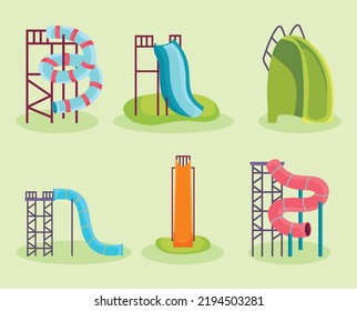 water slides icon set on green background