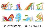 Water slides set vector flat cartoon illustration. Collection aquapark active extreme entertainment with tube, pipeline, spiral slide isolated. Wet fun amusement construction for children and adults